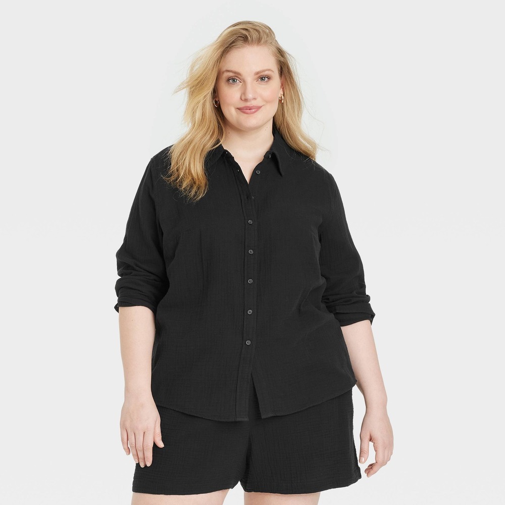 Universal Thread Button‎ Down Shirt Women XXL 2XL Black Gauze Cotton Long Sleeve